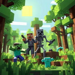 A dynamic and engaging Minecraft-themed scene featuring a zombie, creeper, skeleton, enderman, and slime