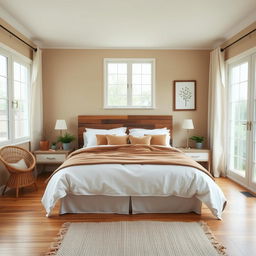 A serene and inviting bedroom interior with a focus on natural elements and a neutral color palette