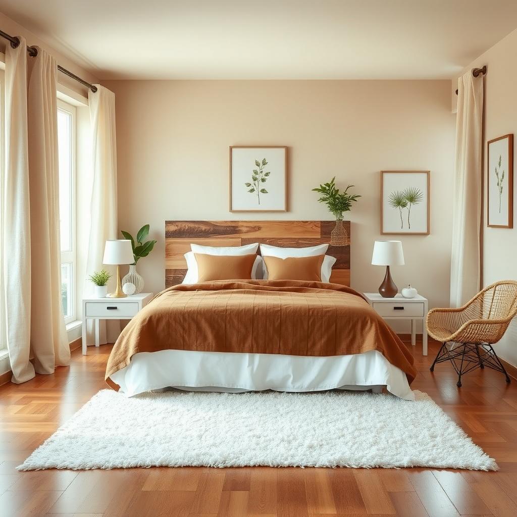 A serene and inviting bedroom interior with a focus on natural elements and a neutral color palette