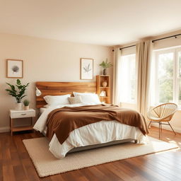 A serene and inviting bedroom interior with a focus on natural elements and a neutral color palette