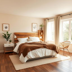 A serene and inviting bedroom interior with a focus on natural elements and a neutral color palette