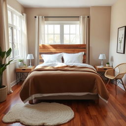 A serene and inviting bedroom interior with a focus on natural elements and a neutral color palette