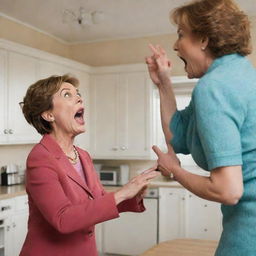 A dramatic caricature-like scene of a furious mother-in-law yelling at her confused and defensive son-in-law, set in a typically domestic backdrop.