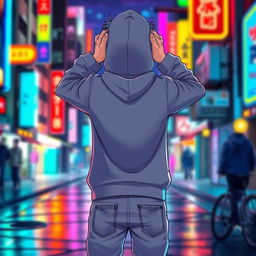 A hooded teenage anime boy standing with his back facing the viewer, both hands placed on the back of his head