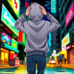 A hooded teenage anime boy standing with his back facing the viewer, both hands placed on the back of his head