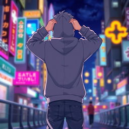 A hooded teenage anime boy standing with his back facing the viewer, both hands placed on the back of his head