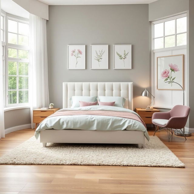 A stylish and modern bedroom interior design with a sleek king-sized bed featuring a plush white headboard