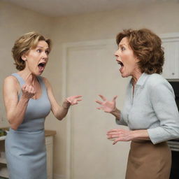 A dramatic caricature-like scene of a furious mother-in-law yelling at her confused and defensive son-in-law, set in a typically domestic backdrop.