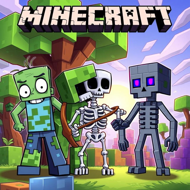 A vibrant cartoon-style illustration featuring a selection of iconic Minecraft characters: a zombie, a creeper, a skeleton, and an enderman