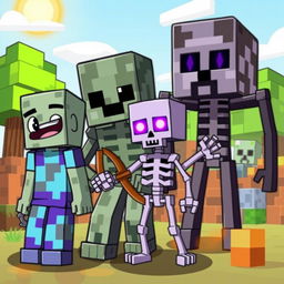 A vibrant cartoon-style illustration featuring a selection of iconic Minecraft characters: a zombie, a creeper, a skeleton, and an enderman