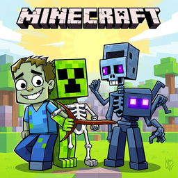 A vibrant cartoon-style illustration featuring a selection of iconic Minecraft characters: a zombie, a creeper, a skeleton, and an enderman