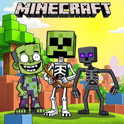 A vibrant cartoon-style illustration featuring a selection of iconic Minecraft characters: a zombie, a creeper, a skeleton, and an enderman