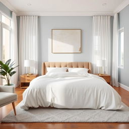 A serene and stylish bedroom interior, featuring a cozy king-sized bed with luxurious, soft white bedding and a tufted headboard in a muted taupe