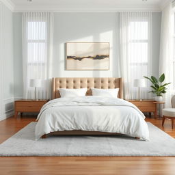 A serene and stylish bedroom interior, featuring a cozy king-sized bed with luxurious, soft white bedding and a tufted headboard in a muted taupe