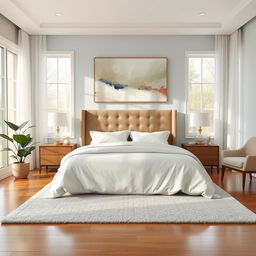 A serene and stylish bedroom interior, featuring a cozy king-sized bed with luxurious, soft white bedding and a tufted headboard in a muted taupe