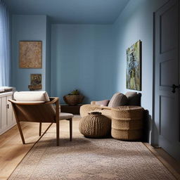 Create a serene room with soft warm lighting and calming blue walls, adorned with interesting art. Plush rugs over a wooden floor leading to a cozy seating area with oversized chairs and a large, welcoming sofa. The air subtly scented with lavender.