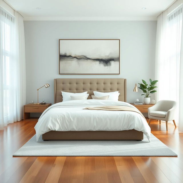 A serene and stylish bedroom interior, featuring a cozy king-sized bed with luxurious, soft white bedding and a tufted headboard in a muted taupe