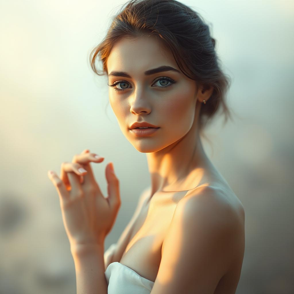 A beautiful young woman standing gracefully, her skin glowing under gentle light