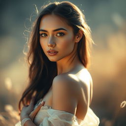 A beautiful young woman standing gracefully, her skin glowing under gentle light