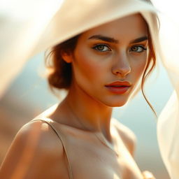 A beautiful young woman standing gracefully, her skin glowing under gentle light