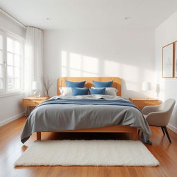 A peaceful and elegant bedroom interior characterized by its minimalist design and tranquil atmosphere