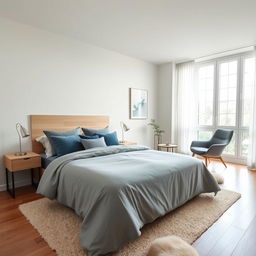 A peaceful and elegant bedroom interior characterized by its minimalist design and tranquil atmosphere