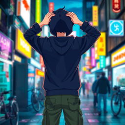 A full-body view of a hooded teenage anime boy standing with his back facing the viewer, both hands placed on the back of his head