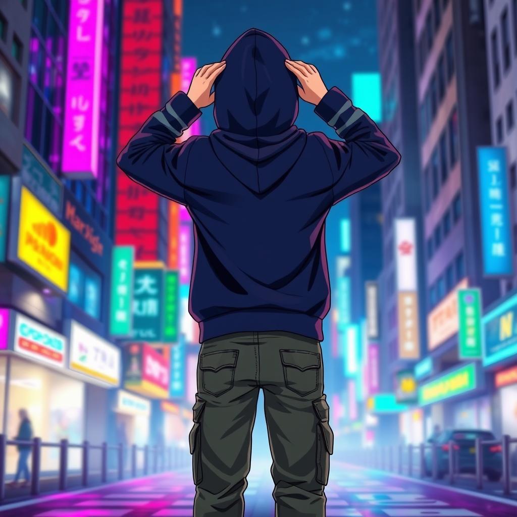 A full-body view of a hooded teenage anime boy standing with his back facing the viewer, both hands placed on the back of his head