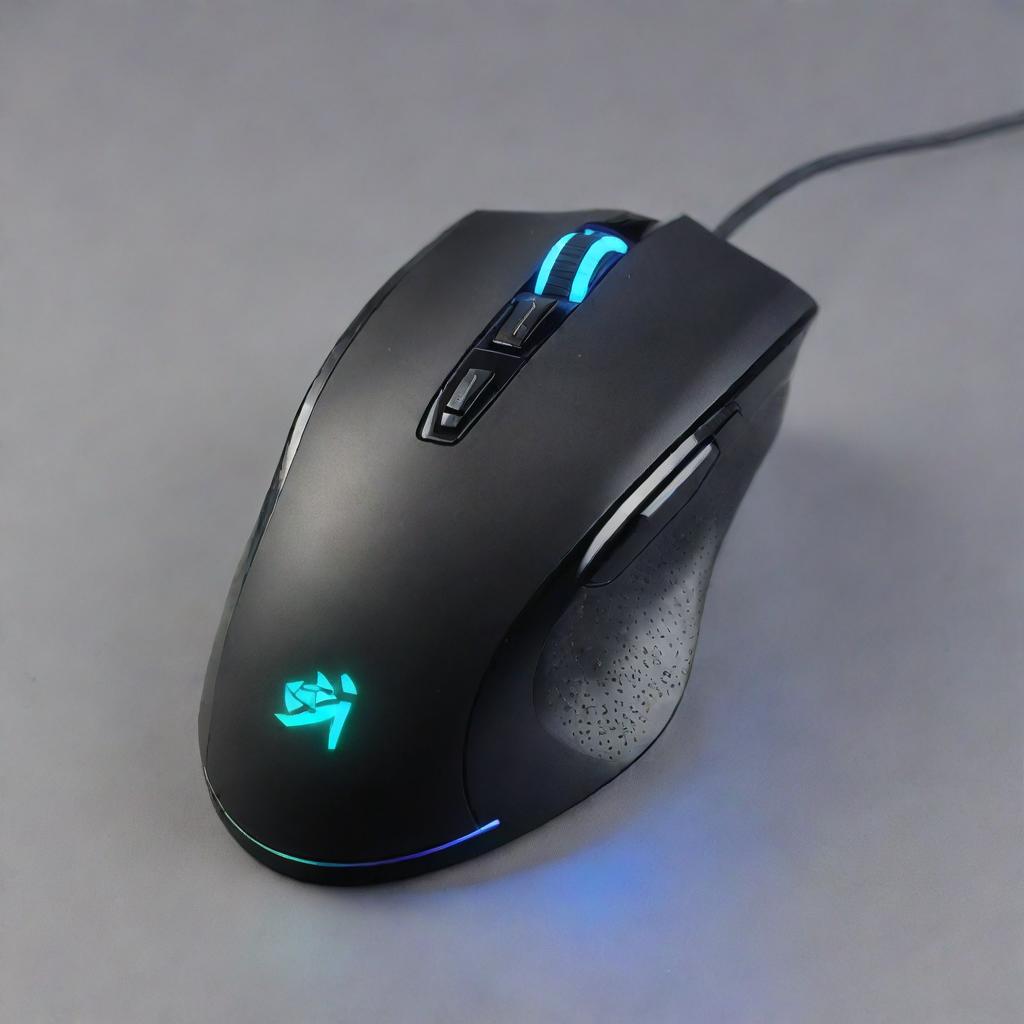 An advanced gaming mouse. Features futuristic, dynamic design with sharp lines, custom RGB lighting, high DPI rating, and multiple programmable buttons. Perfectly balanced for precision movements.