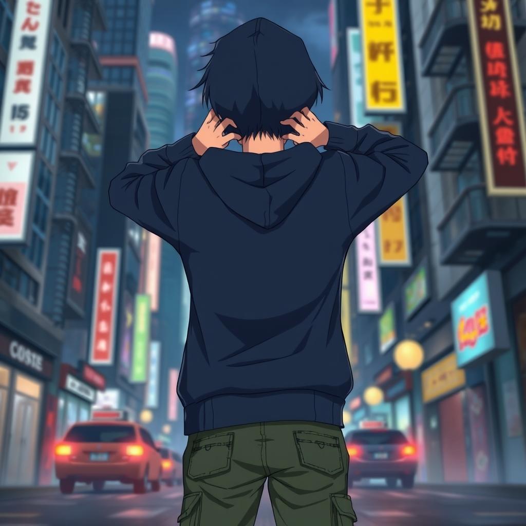 A full-body image of a hooded teenage anime boy facing away from the viewer, both hands placed on the back of his neck