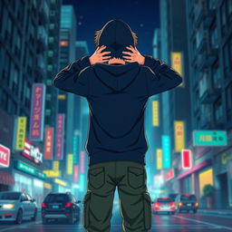 A full-body image of a hooded teenage anime boy facing away from the viewer, both hands placed on the back of his neck