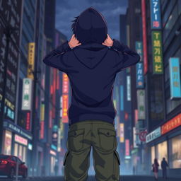 A full-body image of a hooded teenage anime boy facing away from the viewer, both hands placed on the back of his neck