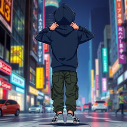 A full-body depiction of a hooded teenage anime boy from head to toe, facing away from the viewer