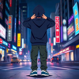 A full-body depiction of a hooded teenage anime boy from head to toe, facing away from the viewer