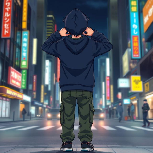 A full-body depiction of a hooded teenage anime boy from head to toe, facing away from the viewer