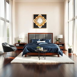 A contemporary and spacious bedroom interior design, featuring a luxurious queen-sized bed with a dark teak wood frame and silky navy blue bedding