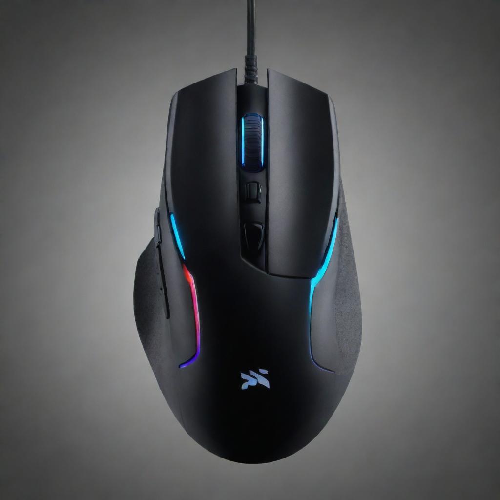 An advanced gaming mouse. Features futuristic, dynamic design with sharp lines, custom RGB lighting, high DPI rating, and multiple programmable buttons. Perfectly balanced for precision movements.