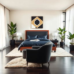 A contemporary and spacious bedroom interior design, featuring a luxurious queen-sized bed with a dark teak wood frame and silky navy blue bedding