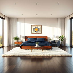 A contemporary and spacious bedroom interior design, featuring a luxurious queen-sized bed with a dark teak wood frame and silky navy blue bedding