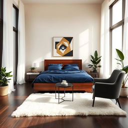 A contemporary and spacious bedroom interior design, featuring a luxurious queen-sized bed with a dark teak wood frame and silky navy blue bedding