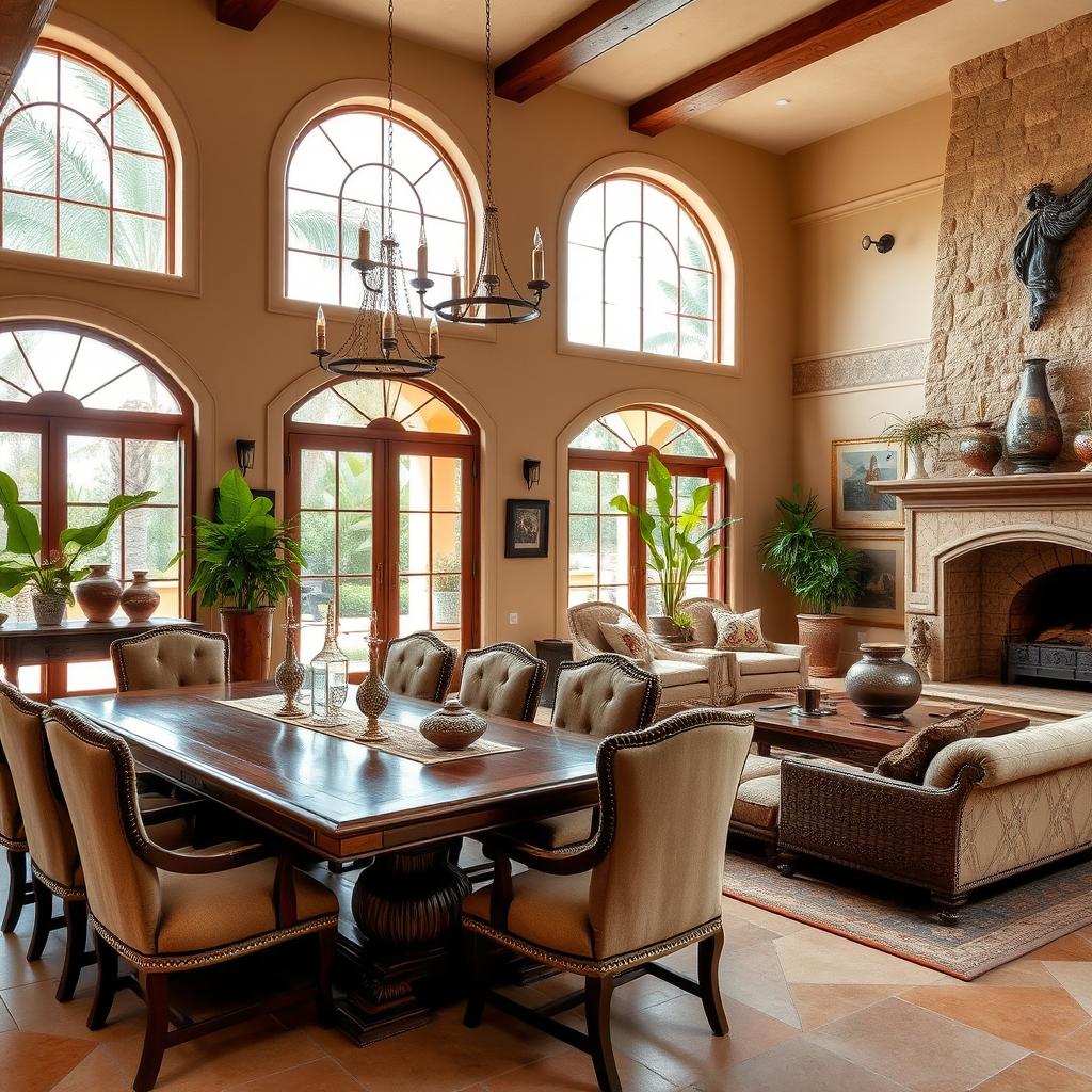 A luxurious living and dining room designed in a Mediterranean style, featuring rich textures and warm colors