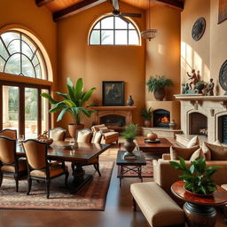 A luxurious living and dining room designed in a Mediterranean style, featuring rich textures and warm colors