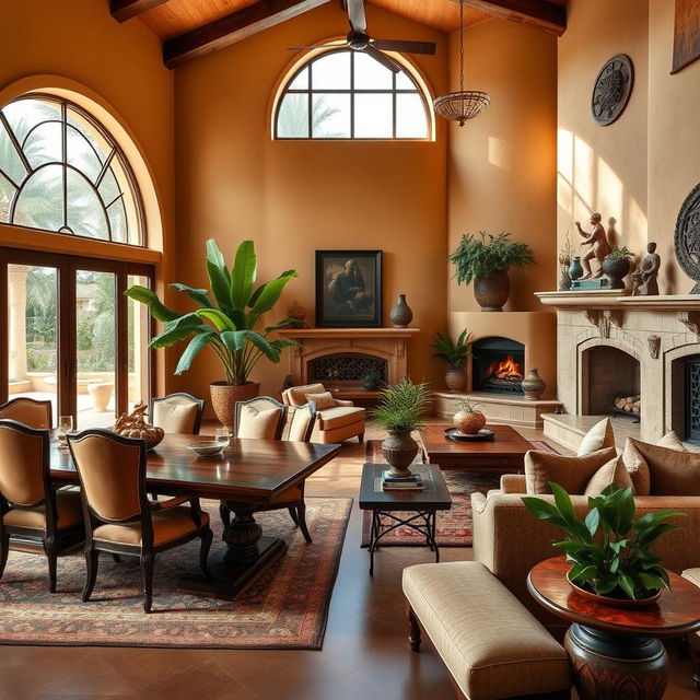 A luxurious living and dining room designed in a Mediterranean style, featuring rich textures and warm colors