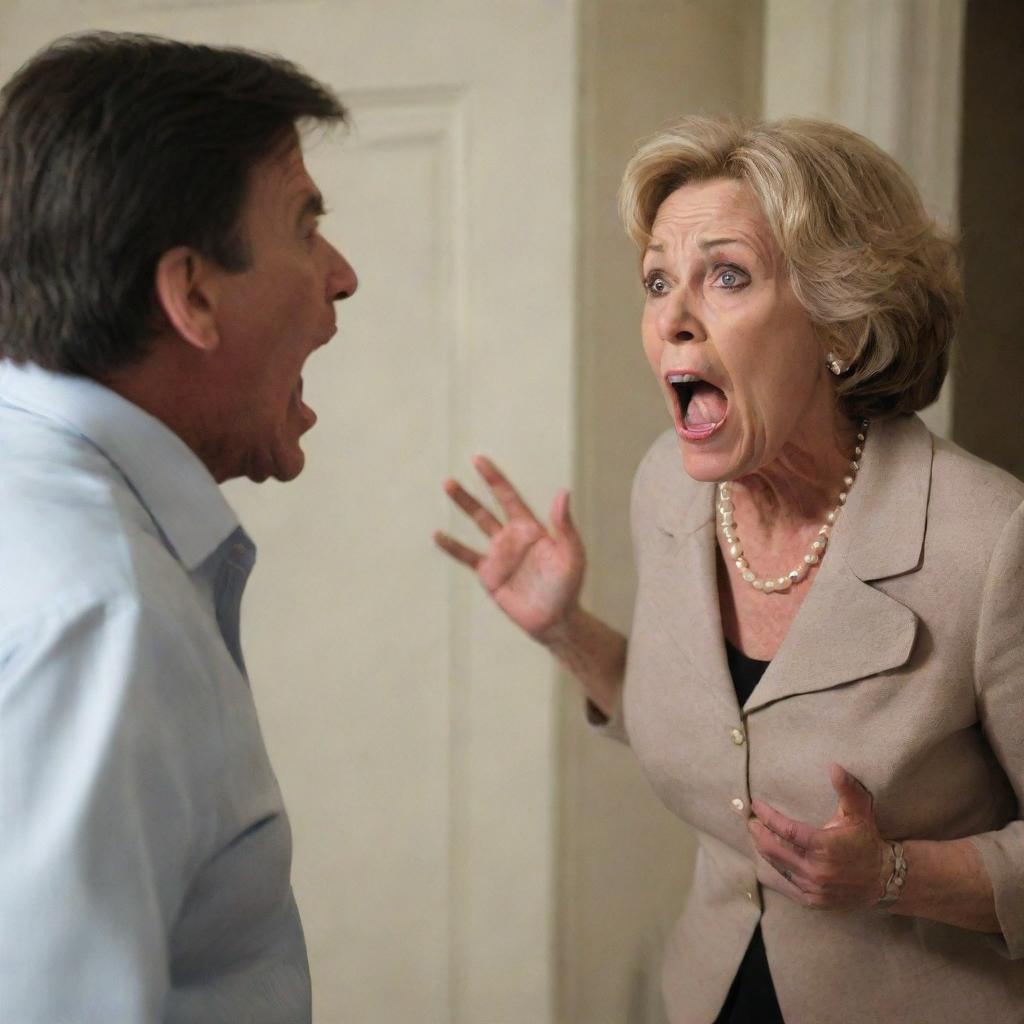 A tense scene of an irate mother-in-law shouting intensely at a startled, defensive man within the confines of a home-like setting.