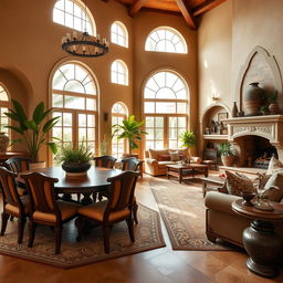 A luxurious living and dining room designed in a Mediterranean style, featuring rich textures and warm colors