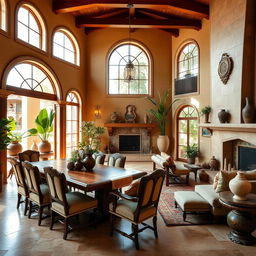 A luxurious living and dining room designed in a Mediterranean style, featuring rich textures and warm colors