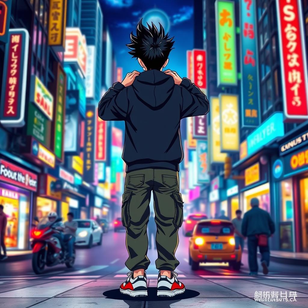 A full-body depiction of a hooded teenage anime boy, facing away and placing both hands on the back of his neck, showcasing his black spiked hair