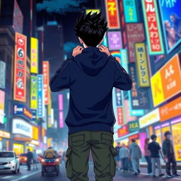 A full-body depiction of a hooded teenage anime boy, facing away and placing both hands on the back of his neck, showcasing his black spiked hair