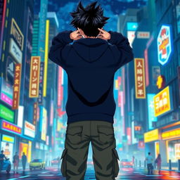 A full-body depiction of a hooded teenage anime boy, facing away and placing both hands on the back of his neck, showcasing his black spiked hair