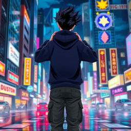 A full-body depiction of a hooded teenage anime boy, facing away and placing both hands on the back of his neck, showcasing his black spiked hair